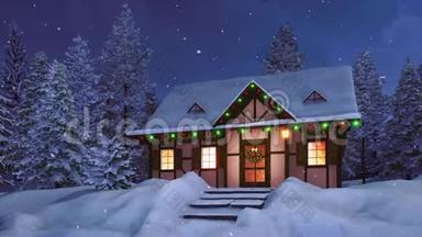 在<strong>雪夜</strong>装饰圣诞节的乡村房子